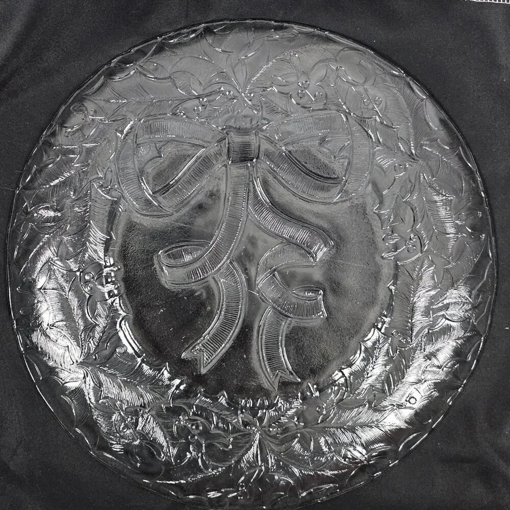 Arcoroc Vintage Clear Glass Christmas Holly Ribbon Cookie Serving Platter